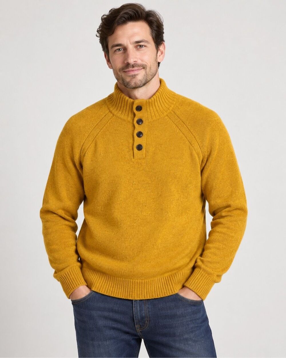 Banana Republic XL Tall Mustard Wool Blend Mock Neck Button Sweater Italian Yarn